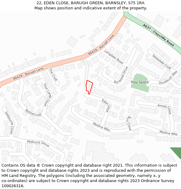 22, EDEN CLOSE, BARUGH GREEN, BARNSLEY, S75 1RA: Location map and indicative extent of plot