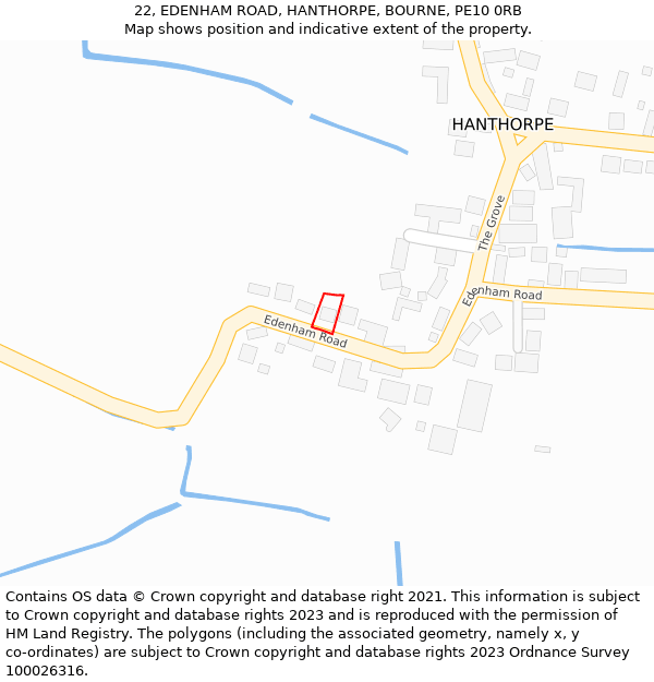 22, EDENHAM ROAD, HANTHORPE, BOURNE, PE10 0RB: Location map and indicative extent of plot