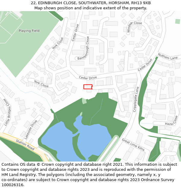 22, EDINBURGH CLOSE, SOUTHWATER, HORSHAM, RH13 9XB: Location map and indicative extent of plot