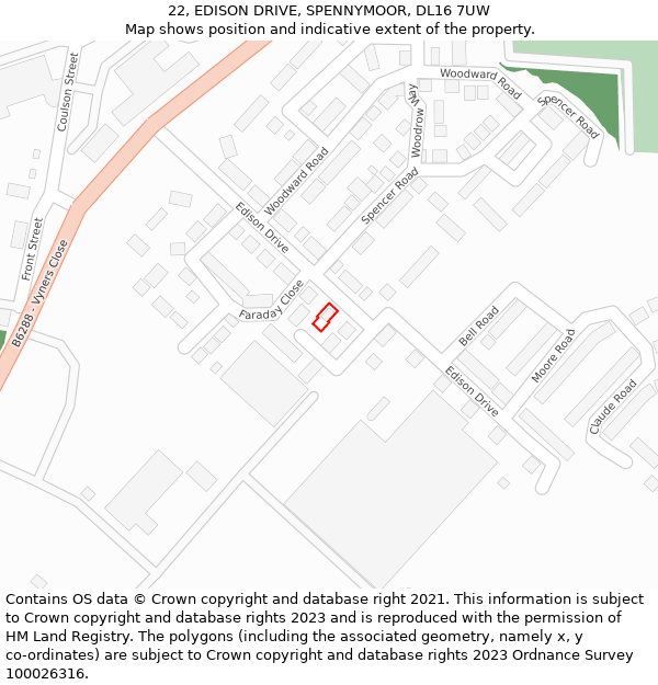 22, EDISON DRIVE, SPENNYMOOR, DL16 7UW: Location map and indicative extent of plot