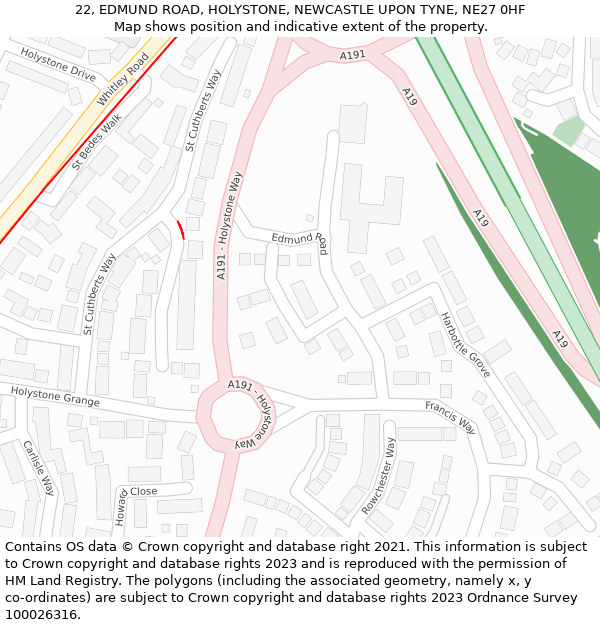 22, EDMUND ROAD, HOLYSTONE, NEWCASTLE UPON TYNE, NE27 0HF: Location map and indicative extent of plot