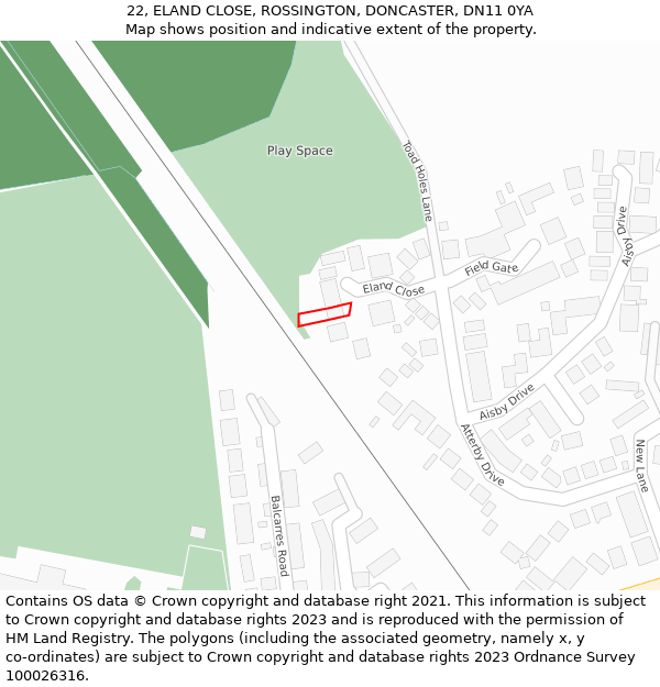 22, ELAND CLOSE, ROSSINGTON, DONCASTER, DN11 0YA: Location map and indicative extent of plot