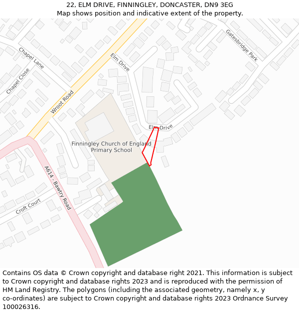 22, ELM DRIVE, FINNINGLEY, DONCASTER, DN9 3EG: Location map and indicative extent of plot