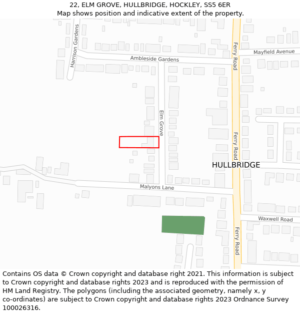 22, ELM GROVE, HULLBRIDGE, HOCKLEY, SS5 6ER: Location map and indicative extent of plot