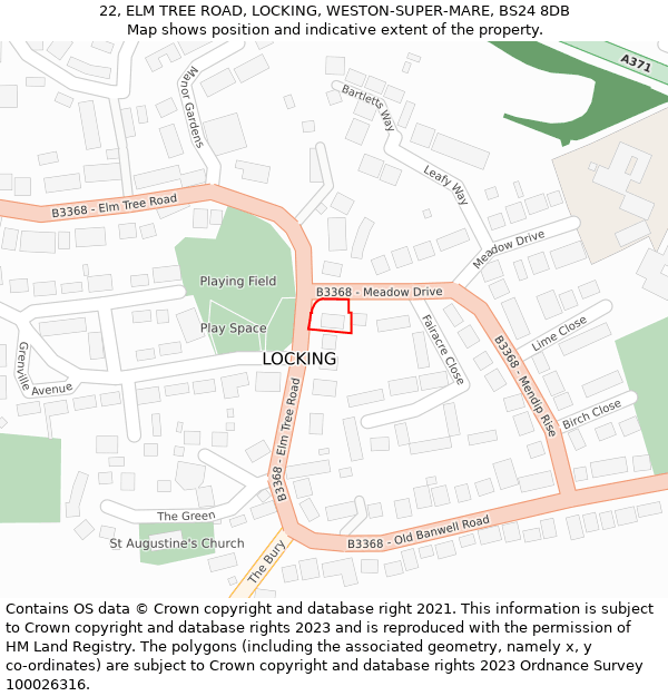 22, ELM TREE ROAD, LOCKING, WESTON-SUPER-MARE, BS24 8DB: Location map and indicative extent of plot