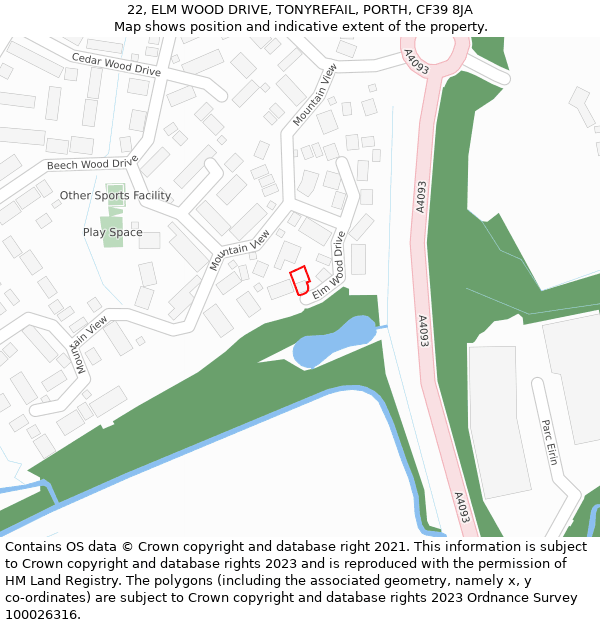 22, ELM WOOD DRIVE, TONYREFAIL, PORTH, CF39 8JA: Location map and indicative extent of plot