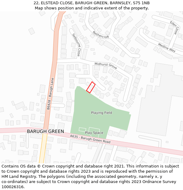 22, ELSTEAD CLOSE, BARUGH GREEN, BARNSLEY, S75 1NB: Location map and indicative extent of plot