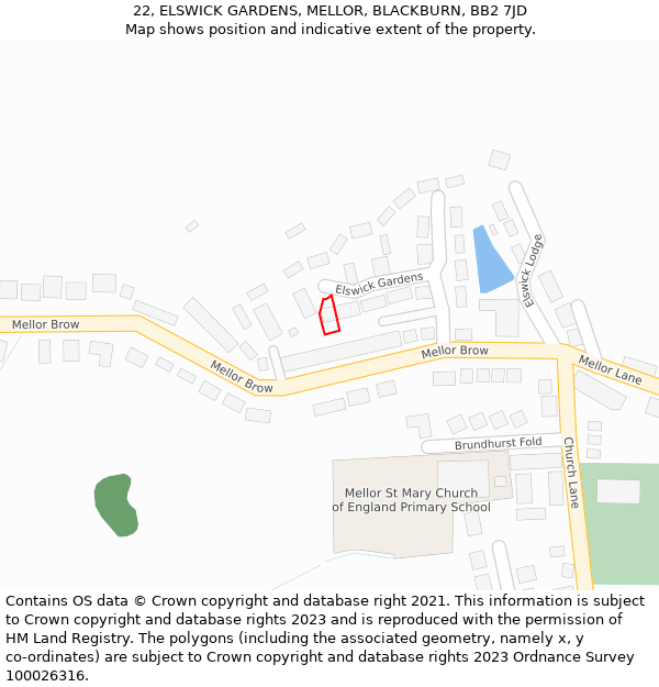 22, ELSWICK GARDENS, MELLOR, BLACKBURN, BB2 7JD: Location map and indicative extent of plot