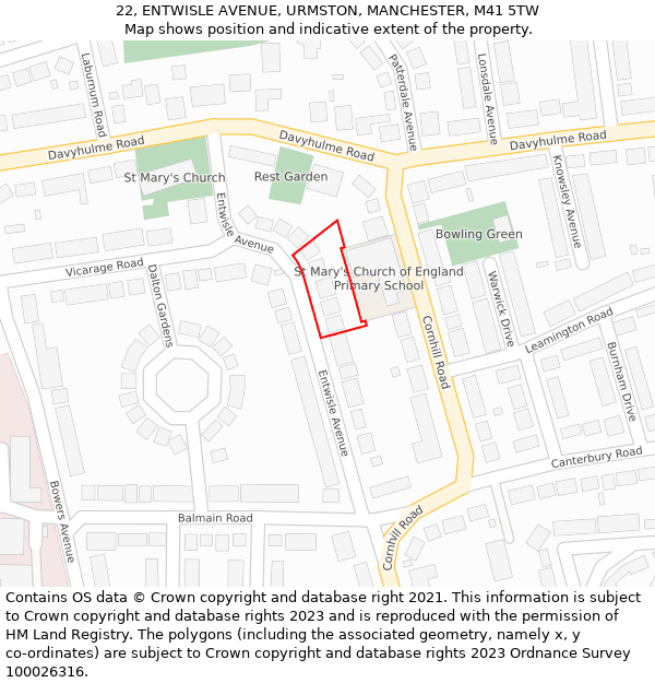 22, ENTWISLE AVENUE, URMSTON, MANCHESTER, M41 5TW: Location map and indicative extent of plot