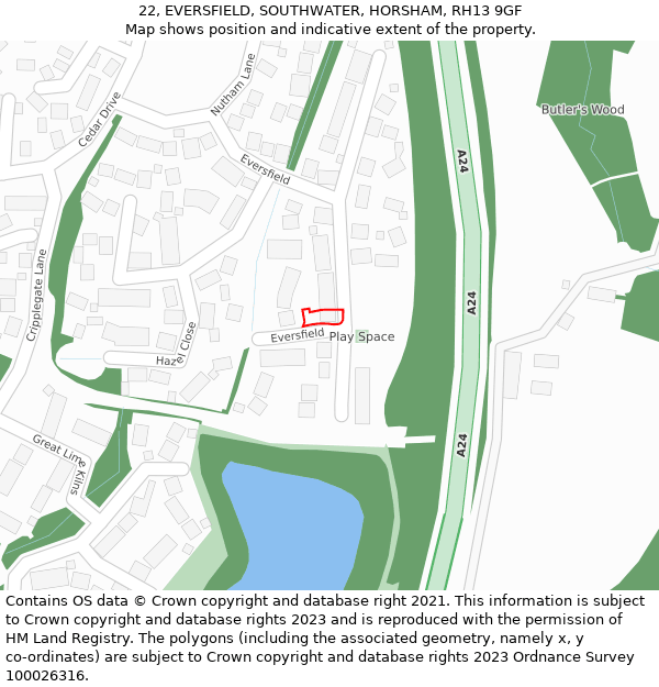 22, EVERSFIELD, SOUTHWATER, HORSHAM, RH13 9GF: Location map and indicative extent of plot