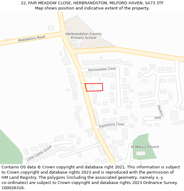 22, FAIR MEADOW CLOSE, HERBRANDSTON, MILFORD HAVEN, SA73 3TF: Location map and indicative extent of plot