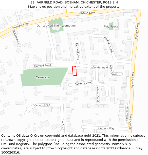 22, FAIRFIELD ROAD, BOSHAM, CHICHESTER, PO18 8JH: Location map and indicative extent of plot