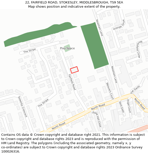 22, FAIRFIELD ROAD, STOKESLEY, MIDDLESBROUGH, TS9 5EA: Location map and indicative extent of plot