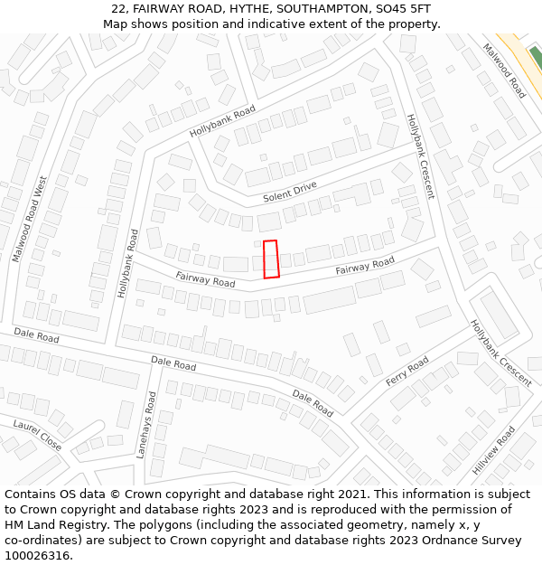 22, FAIRWAY ROAD, HYTHE, SOUTHAMPTON, SO45 5FT: Location map and indicative extent of plot