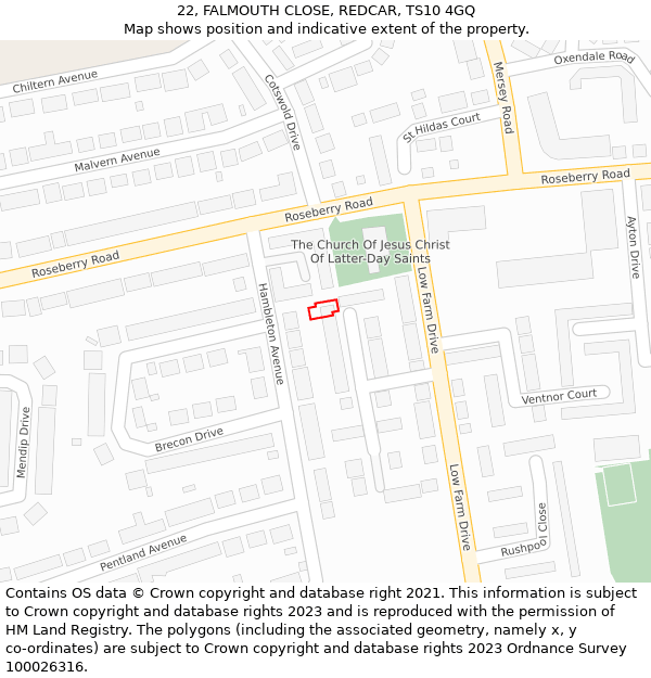 22, FALMOUTH CLOSE, REDCAR, TS10 4GQ: Location map and indicative extent of plot