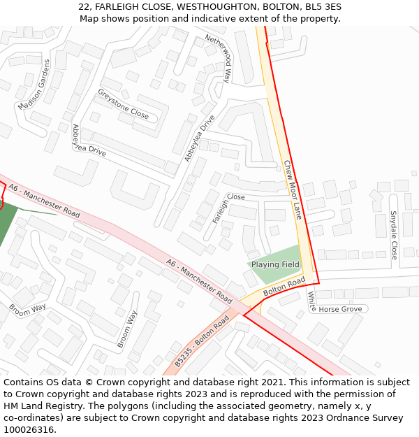 22, FARLEIGH CLOSE, WESTHOUGHTON, BOLTON, BL5 3ES: Location map and indicative extent of plot