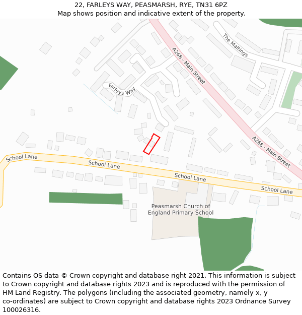 22, FARLEYS WAY, PEASMARSH, RYE, TN31 6PZ: Location map and indicative extent of plot