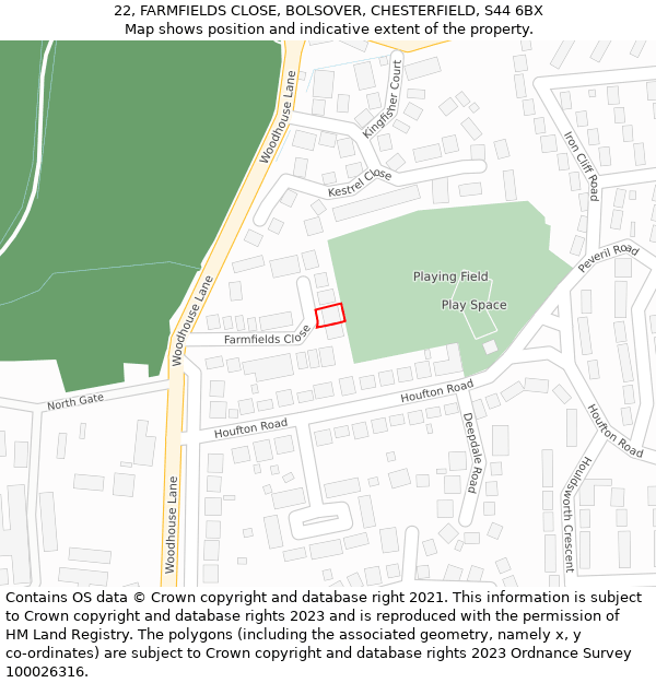 22, FARMFIELDS CLOSE, BOLSOVER, CHESTERFIELD, S44 6BX: Location map and indicative extent of plot