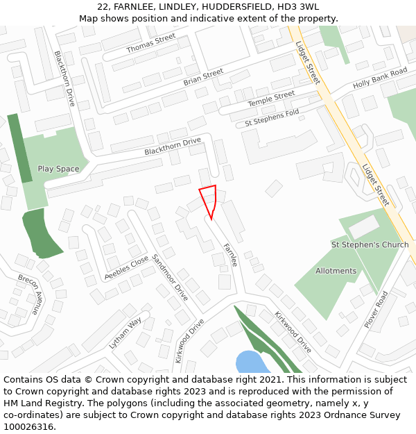 22, FARNLEE, LINDLEY, HUDDERSFIELD, HD3 3WL: Location map and indicative extent of plot