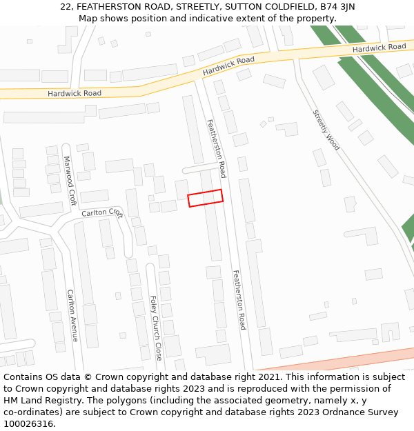 22, FEATHERSTON ROAD, STREETLY, SUTTON COLDFIELD, B74 3JN: Location map and indicative extent of plot