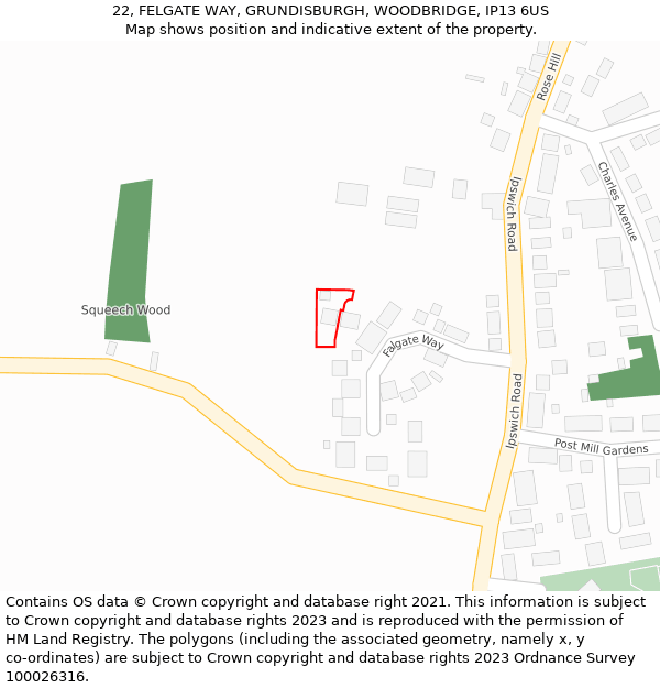 22, FELGATE WAY, GRUNDISBURGH, WOODBRIDGE, IP13 6US: Location map and indicative extent of plot