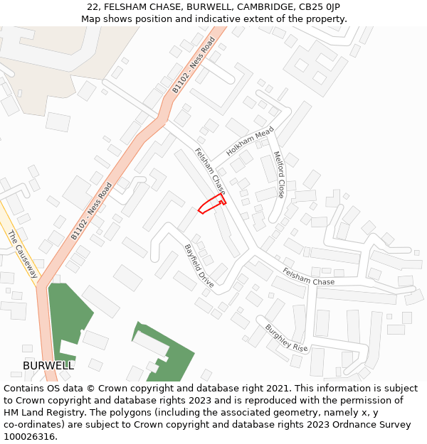 22, FELSHAM CHASE, BURWELL, CAMBRIDGE, CB25 0JP: Location map and indicative extent of plot