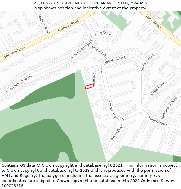 22, FENWICK DRIVE, MIDDLETON, MANCHESTER, M24 4SN: Location map and indicative extent of plot