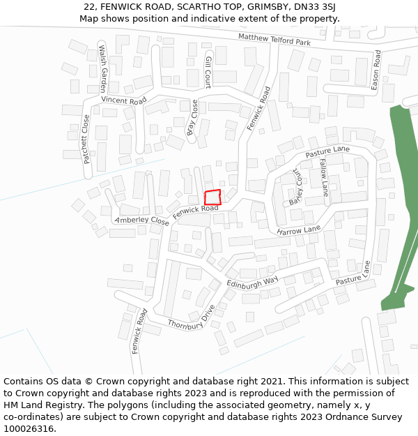 22, FENWICK ROAD, SCARTHO TOP, GRIMSBY, DN33 3SJ: Location map and indicative extent of plot