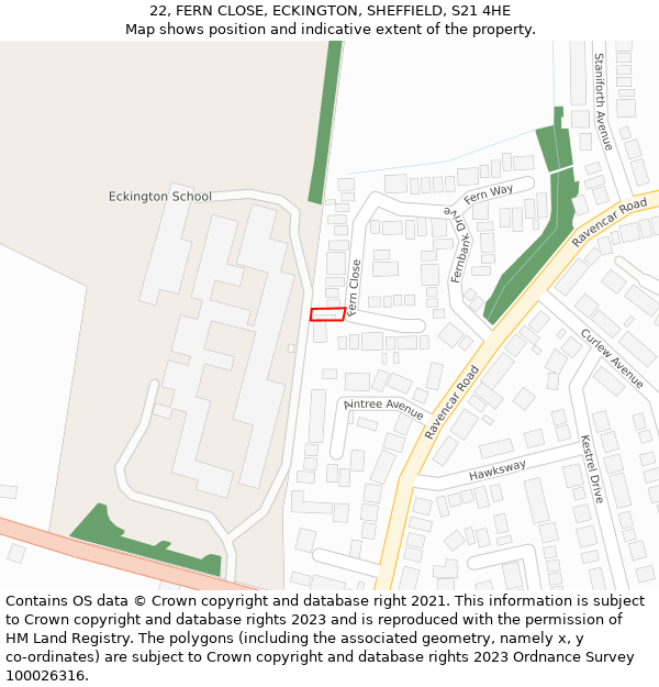 22, FERN CLOSE, ECKINGTON, SHEFFIELD, S21 4HE: Location map and indicative extent of plot