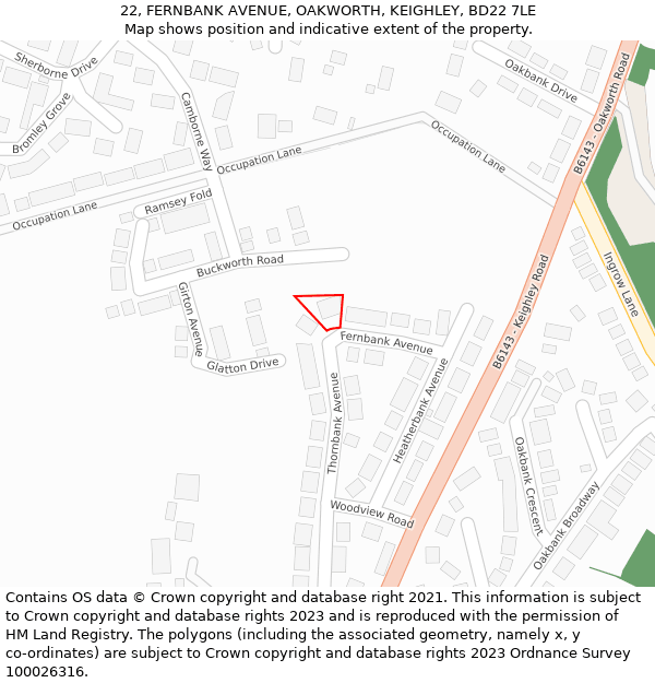 22, FERNBANK AVENUE, OAKWORTH, KEIGHLEY, BD22 7LE: Location map and indicative extent of plot