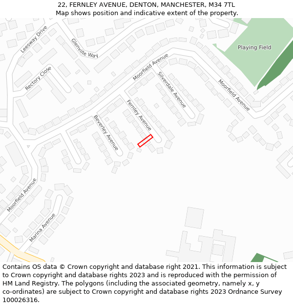 22, FERNLEY AVENUE, DENTON, MANCHESTER, M34 7TL: Location map and indicative extent of plot