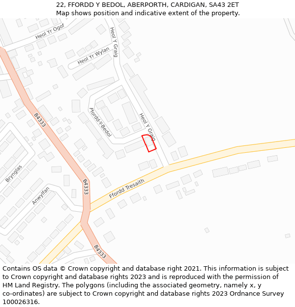 22, FFORDD Y BEDOL, ABERPORTH, CARDIGAN, SA43 2ET: Location map and indicative extent of plot