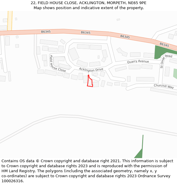 22, FIELD HOUSE CLOSE, ACKLINGTON, MORPETH, NE65 9PE: Location map and indicative extent of plot