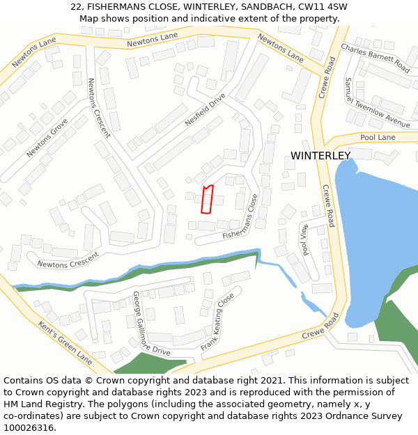 22, FISHERMANS CLOSE, WINTERLEY, SANDBACH, CW11 4SW: Location map and indicative extent of plot