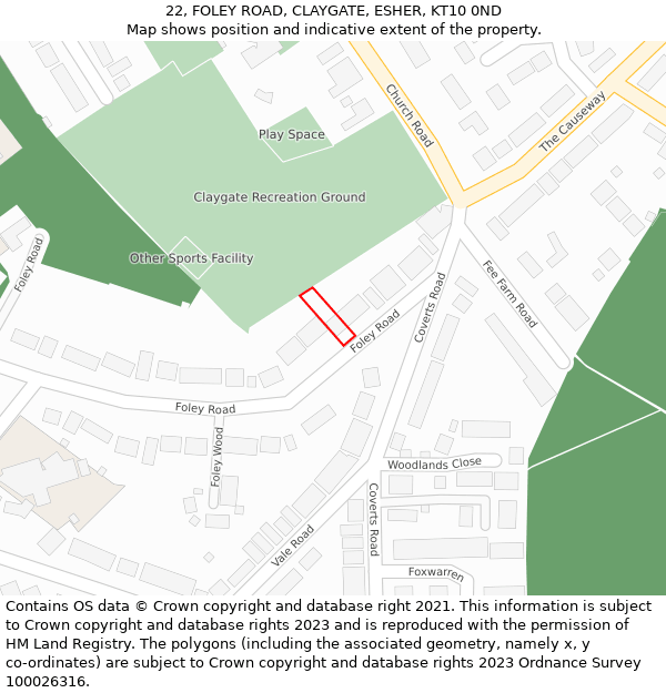 22, FOLEY ROAD, CLAYGATE, ESHER, KT10 0ND: Location map and indicative extent of plot