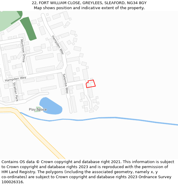 22, FORT WILLIAM CLOSE, GREYLEES, SLEAFORD, NG34 8GY: Location map and indicative extent of plot