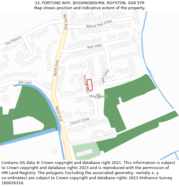 22, FORTUNE WAY, BASSINGBOURN, ROYSTON, SG8 5YR: Location map and indicative extent of plot