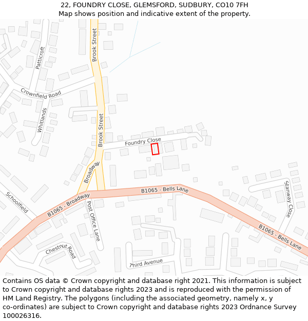 22, FOUNDRY CLOSE, GLEMSFORD, SUDBURY, CO10 7FH: Location map and indicative extent of plot