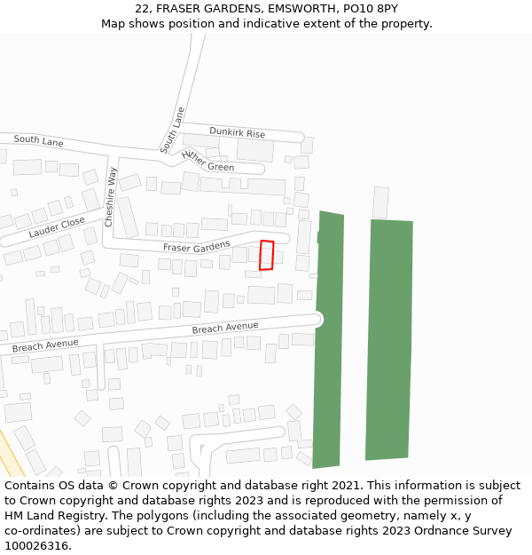 22, FRASER GARDENS, EMSWORTH, PO10 8PY: Location map and indicative extent of plot