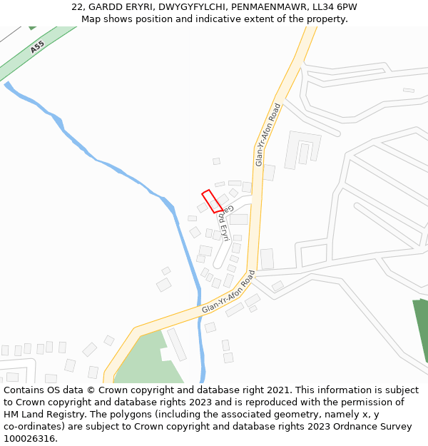 22, GARDD ERYRI, DWYGYFYLCHI, PENMAENMAWR, LL34 6PW: Location map and indicative extent of plot