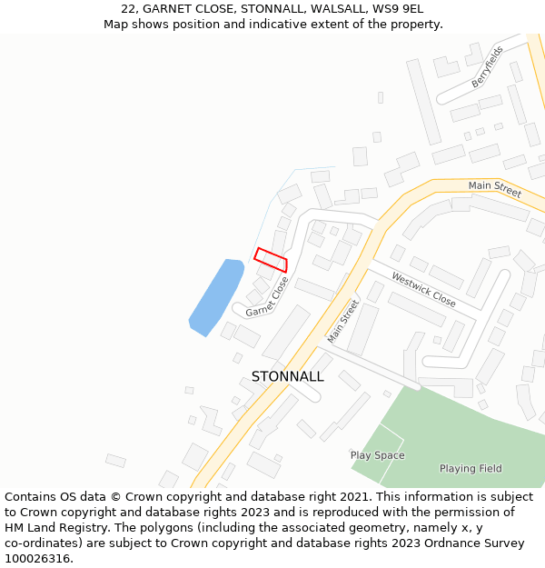 22, GARNET CLOSE, STONNALL, WALSALL, WS9 9EL: Location map and indicative extent of plot