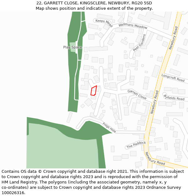 22, GARRETT CLOSE, KINGSCLERE, NEWBURY, RG20 5SD: Location map and indicative extent of plot