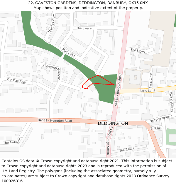 22, GAVESTON GARDENS, DEDDINGTON, BANBURY, OX15 0NX: Location map and indicative extent of plot