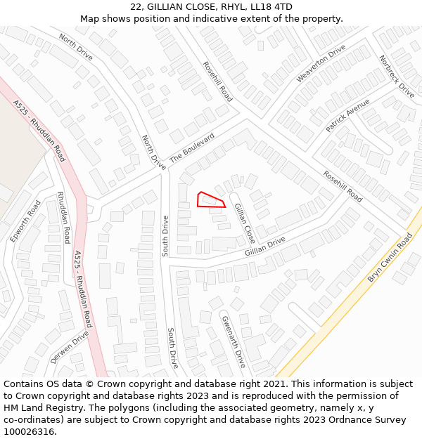 22, GILLIAN CLOSE, RHYL, LL18 4TD: Location map and indicative extent of plot