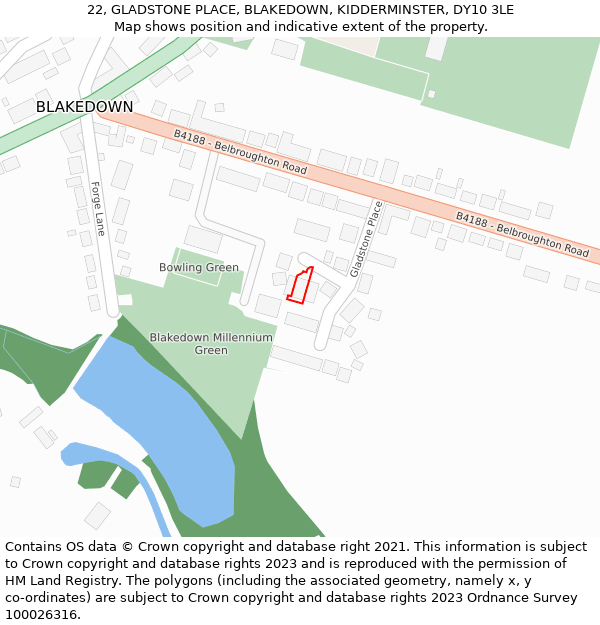 22, GLADSTONE PLACE, BLAKEDOWN, KIDDERMINSTER, DY10 3LE: Location map and indicative extent of plot