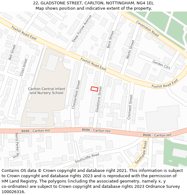22, GLADSTONE STREET, CARLTON, NOTTINGHAM, NG4 1EL: Location map and indicative extent of plot