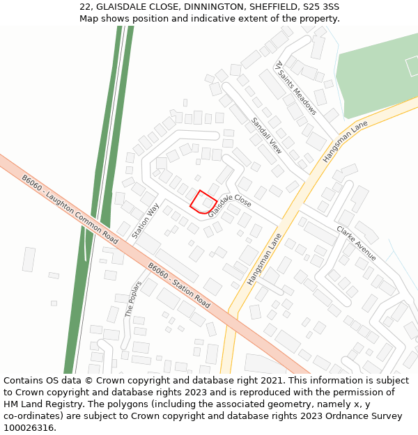 22, GLAISDALE CLOSE, DINNINGTON, SHEFFIELD, S25 3SS: Location map and indicative extent of plot