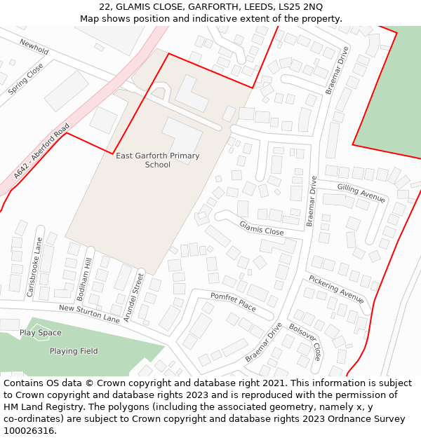 22, GLAMIS CLOSE, GARFORTH, LEEDS, LS25 2NQ: Location map and indicative extent of plot
