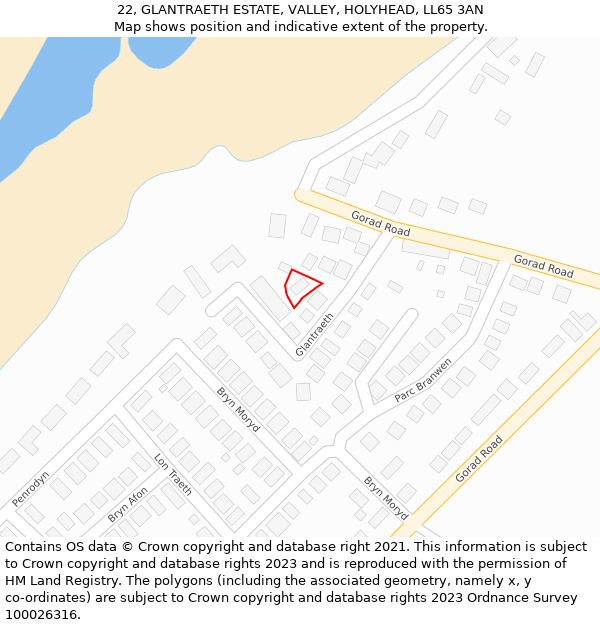 22, GLANTRAETH ESTATE, VALLEY, HOLYHEAD, LL65 3AN: Location map and indicative extent of plot