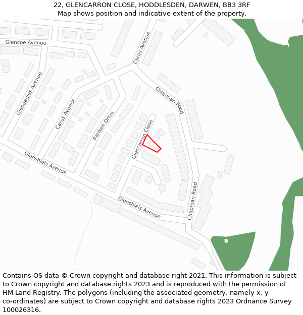 22, GLENCARRON CLOSE, HODDLESDEN, DARWEN, BB3 3RF: Location map and indicative extent of plot